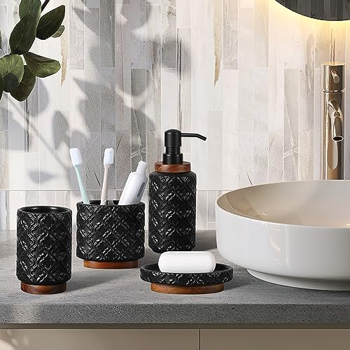 RQYIXI Ceramic 4-Piece Bathroom Accessories Set,Matte Black | Countertop Essentials Embossed Textured Design Solid Wood Non-Slip Detail Matte Black Finish - color: Black, size: Embossed Textured-4-Piece