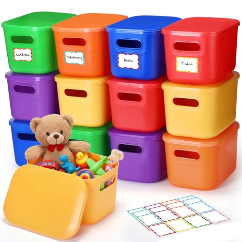 Thyle 12 Pack Plastic Storage Bins with Lids 7 Quart | Stackable Organizer Boxes with Handles and Labels, Colorful Toy Storage for Classroom Shelf Bedroom Desktop, School Supplies - color: Brightly Colored