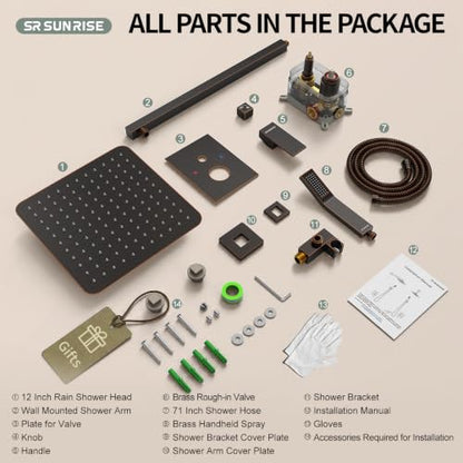 SR SUN RISE ORB Square Rainfall Shower Head and Handle Set, Wall Mounted Shower Fixtures, Metal Shower Faucet Trim Repair Kits (With Shower Valve) 10 Inches - color: Oil Rubbed Bronze, size: 10 Inch