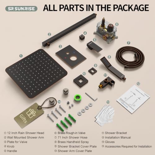 SR SUN RISE Oil Rubbed Bronze Shower System 12 Inches Brass Bathroom Luxury Rain Mixer Shower Combo Set Wall Mounted Rainfall Shower Head System Shower Faucet Rough-in Valve Body and Trim Included - color: Oil Rubbed Bronze, size: 12 Inch
