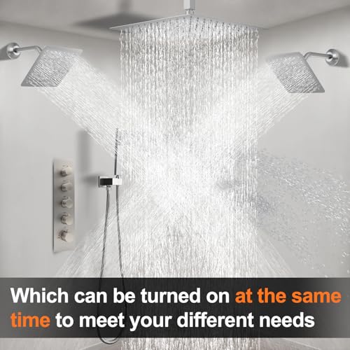 Thermostatic Shower System Three Shower Heads with 16" Ceiling Mounted Rain Shower Head & 2 x 6" Wall Mounted Head 4 Function Shower System Can All Run Together, Brushed Nickel - color: Brushed Nickel