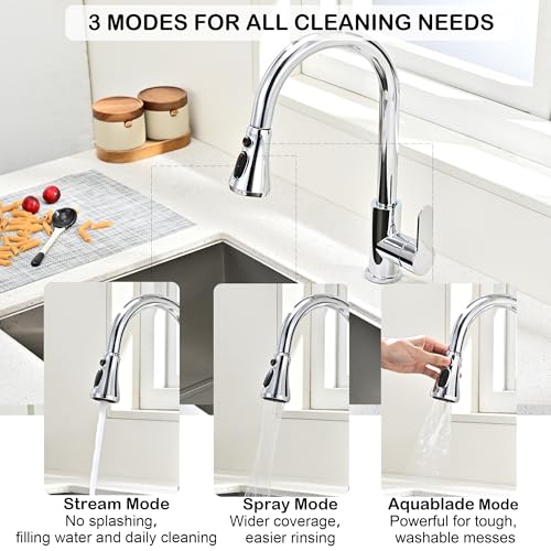 Universal Kitchen Faucet Head Replacement Chrome,ABS Plastic | 3 Modes(Stream,Spray and Double Blade Spray),Pull Down Nozzle with 17-Adapter for Moen,Delta,Kohler,American Standard Faucet - color: Polished Chrome