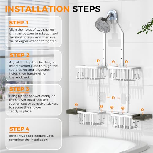 Adjustable Aluminum Shower Caddy Hanging for Handheld Showerhead, White | Rustproof Aluminum, Shower Organizer, Anti-Slip, Quick-Drain Shelf, 40lbs Capacity, Suction Cups, 8 Hooks, Razor Soap Holders - color: White