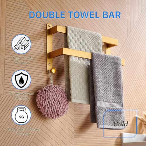 16 Inch Double Towel Bar for Bathroom with Hooks Stainless Steel Bath Towel Rack Wall Mounted Gold Finished - color: Gold, size: 16-Inch