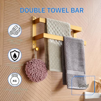 16 Inch Double Towel Bar for Bathroom with Hooks Stainless Steel Bath Towel Rack Wall Mounted Gold Finished - color: Gold, size: 16-Inch