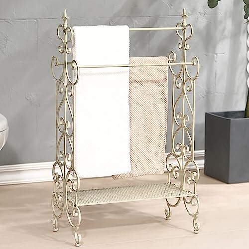 Free Standing Towel Rack for Bathroom, 3 Tier Metal Towels Rack Freestanding with Storage Shelf, Retro White Floor Towel Rack Stand for Bath Towels Hand Washcloths, 21.2” x 11.8” x 36.2” - color: Retro White-b