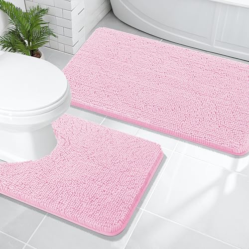 OLANLY Bathroom Rugs Sets 2 Piece, Soft Absorbent Chenille Bath Mats and U-Shaped Contour Toilet Mat Area Rug Set, Machine Washable Bath Carpet, Home Decor Accessories(47"x20"+24"x20", Pink) - color: Pink, size: 47" X 20" + U24" X 20"