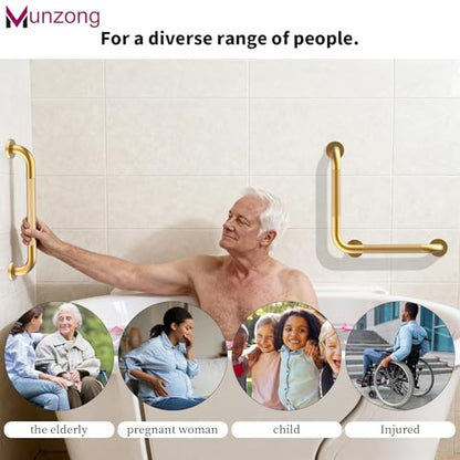 16x16 Inch Munzong Angled Gold Bathroom Grab Bars for Shower | Angled Grab Bar Anti Slip Stainless Steel Knurled Safety Handle Support Elderly Injury Senior - color: Gold