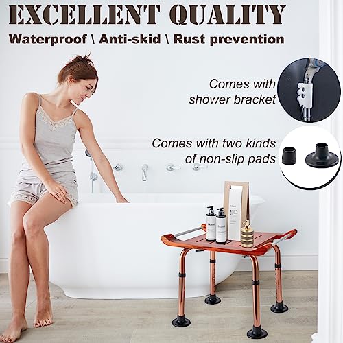 Teak Shower Bench with Handles, Shower Chair for Inside Shower, Height Adjustable Stool, Attached Shower Head Holder Skid pad, Supports Up to 300 Lbs Both Indoor and Outdoor use