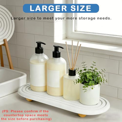Instant Dry Sink Tray, Anti-Slip Stone Sink Caddy, Durable Kitchen Sink Organizer, Quick Dry Water Absorbing Stone Tray for Bathroom Counter, Stone Soap Tray - color: White Wooden Foot 4circles Large