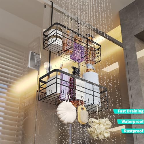 HapiRm Hanging Shower Caddy Organizer - No Drilling Shower Organizer with Hooks, Rustproof & Waterproof 304 Stainless Steel Bathroom Shelves - Black - color: Black