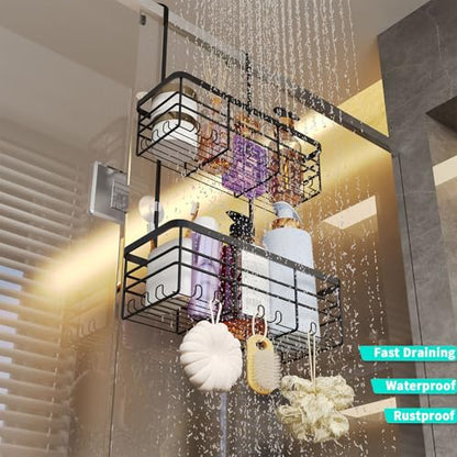 HapiRm Hanging Shower Caddy Organizer - No Drilling Shower Organizer with Hooks, Rustproof & Waterproof 304 Stainless Steel Bathroom Shelves - Black - color: Black