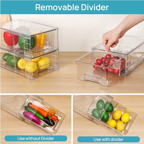Vtopmart 2 Pack Stackable Clear Drawer with Dividers | Clear Drawer Organizers with Removable Dividers for Flexible storage. Stackable, Non-slip, for Fridge, Under Sink & Bthroom - size: 2Pack 4.4"H-with Dividers