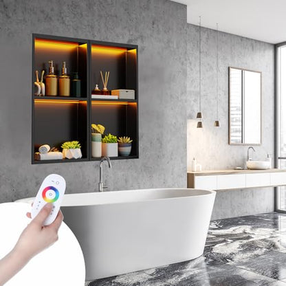 Vercraft 24'' x 12'' LED Light Stainless Steel Shower Niche with RGB Colorful Remote Control Matte Black No Tile Needed Wall Niche Insert Recessed Double Shelves for Bathroom Storage