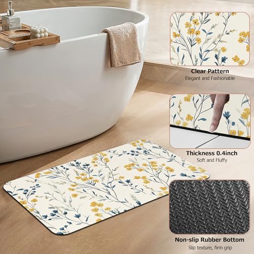 Blue Leaves Bath Mat,Yellow Berries Diatomaceous Earth Bath Mat,Rubber Backing Quick Dry Absorbent Washable Bathroom Rugs for Tub Non Slip 17"x29.5" - color: Blue Leaves,yellow Berries