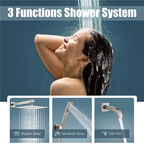 Aolemi Shower Faucet Set with Tub Filler Handheld 10" Head Brushed Nickel | Shower Valve and Trim Kit,Handheld Spray,Tub Spout,Single Handle,SUS304,Bathroom Mixer for Remodeling - color: Nickel, size: 10 Inch Shower Head