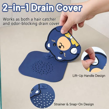 2-Pack Square Shower Drain Hair Catcher for Bathtub and Shower | Khaki thick silicone, cartoon animal design, reusable hair stopper for floor drains, kitchen laundry room utility use - color: Blue