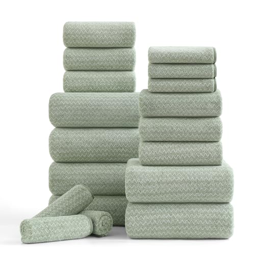Ycosy 18 Piece Bath Towels Set,100% Microfiber Family Bathroom Towel with Hanging Loops-6 Bath Towels,6 Hand Towels,6 Washcloths,Quick Dry Highly Absorbent Shower Towel for Bathroom,Hotel,Spa-Green - color: Light Green, size: 18 Piece Towel Set