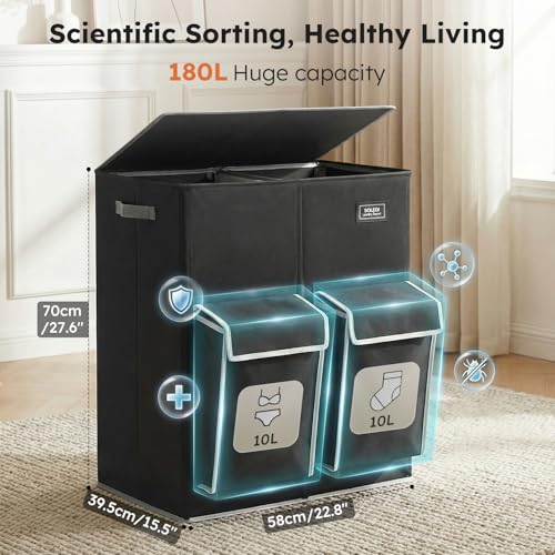 SOLEDI 180L Double Laundry Hamper with Lid and 2 Side Pockets, Dual Hamper | 2 Section Laundry Basket, Removable & Washable Laundry Bags, 180L Large Capacity, for Bedroom, Bathroom, Laundry Room, Dorm - color: Black