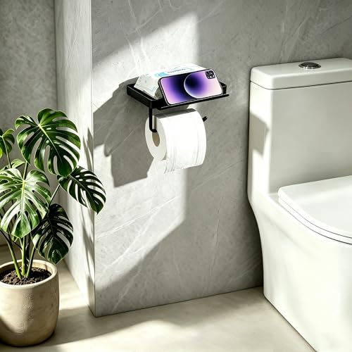 YIGII Toilet Paper Holder with Large Capacity Wide Phone Shelf, Matte Black | Large Wet Wipes Storage, Rustproof Stainless Steel Wall Mount Design for Bathroom, Washroom, Easy Access Organization - color: Deep Black
