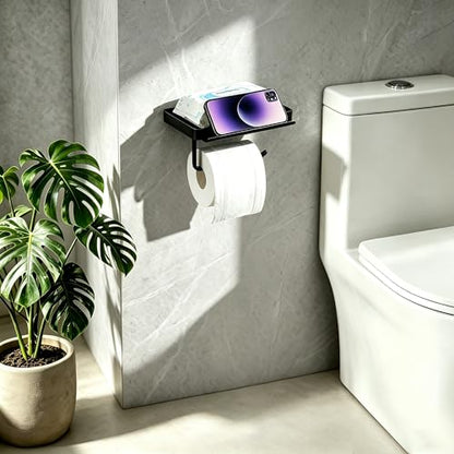YIGII Toilet Paper Holder with Large Capacity Wide Phone Shelf, Matte Black | Large Wet Wipes Storage, Rustproof Stainless Steel Wall Mount Design for Bathroom, Washroom, Easy Access Organization - color: Deep Black