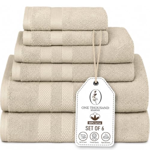 Premium Staple Cotton Bathroom Towel Set - Beige 600 GSM 6-Piece Luxury Bath Towel Set 3 Stripe - 2 Bath Towels, 2 Hand Towels & 2 Washclothes Set - High Absorbent & Quick Dry for Gym, Spa, Hotel - color: Beige - 3 Stripe