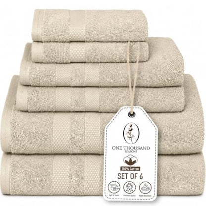 Premium Staple Cotton Bathroom Towel Set - Beige 600 GSM 6-Piece Luxury Bath Towel Set 3 Stripe - 2 Bath Towels, 2 Hand Towels & 2 Washclothes Set - High Absorbent & Quick Dry for Gym, Spa, Hotel - color: Beige - 3 Stripe