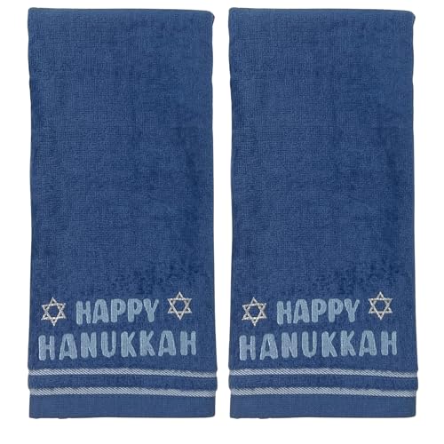 Hanukkah Bathroom Hand Towels – Set of 2 Blue 100% Cotton Embroidered “Happy Hanukkah” with Star of David Design – 25 x 16” Decorative Bath & Kitchen Towels - color: Hannukah