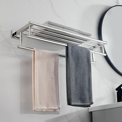 Bathroom Towel Rack 24 Inch Tower Holder with Double Towel Bar Polished Chrome Towel Rack Wall Mounted SUS304 Stainless Steel Hotel Towel Shelf Modern Towel Hanger - color: Polished Chrome, size: 24 Inch/ 60cm