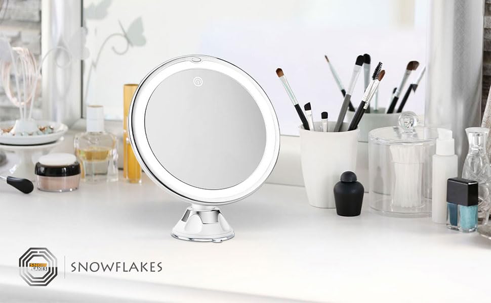 Snowflakes 10x Magnifying Lighted Makeup Mirror with Lights, Suction Cups, and 360° Swivel – Touch Control, 3 Light Modes – Ideal for Home, Bathroom Vanity, and Travel