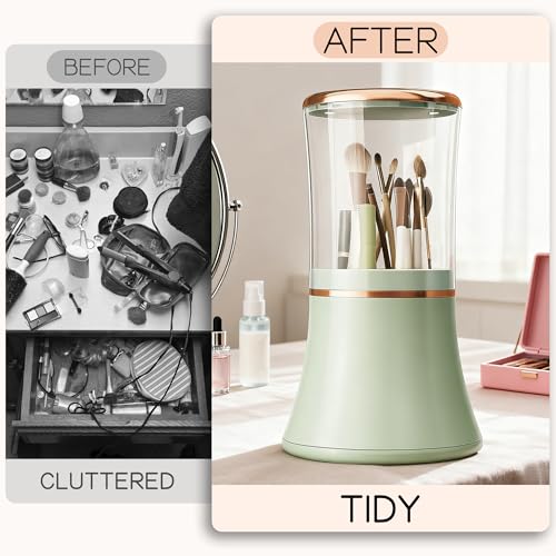 Makeup Brush Holder with Lid Cosmetic Tools Organizer 360 Rotating Waterproof Dustproof Make Up Brushes Storage for Vanity Bathroom Countertop - color: Green slender