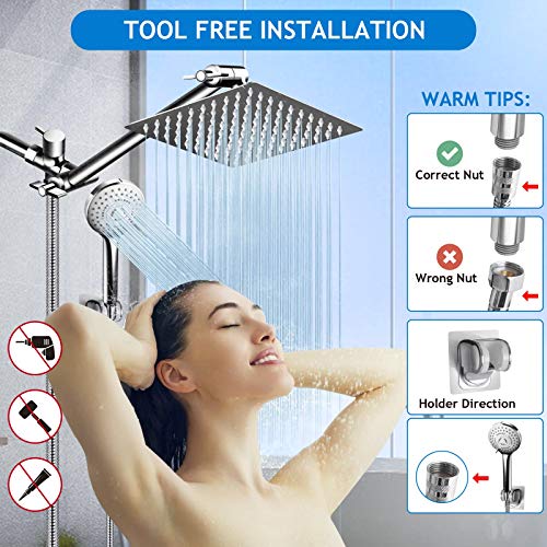 Shower Head Combo,8 Inch High Pressure Rain Shower Head with 11 Inch Adjustable Extension Arm and 5 Settings Handheld Shower Head Combo,Powerful Shower Spray Against Low Pressure Water with Long Hose - color: Chrome, size: 8" Showerhead Set