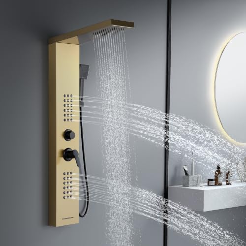 ROVATE 4 in 1 Rainfall Shower Panel Tower with Powerful Body Jets, Gold | High Pressure Stainless Steel Shower Column with Flexible Handheld, Waterfall Tub Spout, Adjustable Waterflow