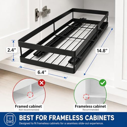 Pull Out Cabinet Organizer, 1-Tier Metal Slide Out Basket | Black metal mesh basket, smooth slide-out rail, no-drill adhesive setup, for frameless kitchen cabinets and pantry storage