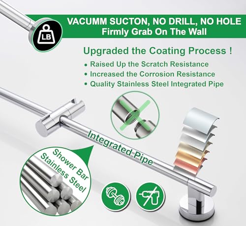 Upgraded 17.7 Inch Shower Slide Bar w/ Waterproof Suction Cup,SUS Metal Bar Heavy Duty, Removable & Adjustable Handheld Shower Head,Wall Mount Drill-Free Install No Tool,Bathroom Wall Protect - color: Chrome Polish