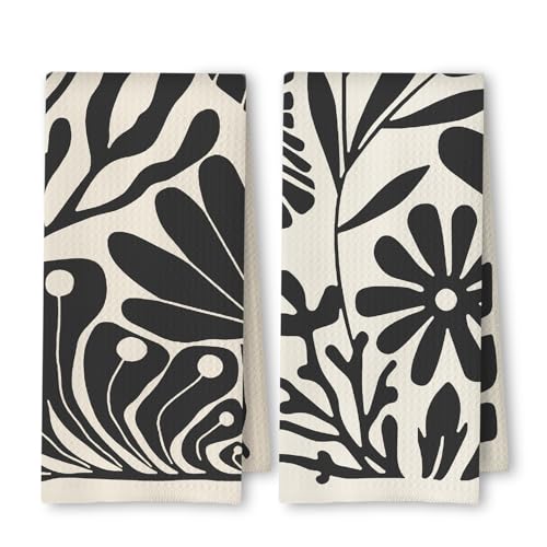 Abstract Boho Neutral Floral Kitchen Towels Set of 2, 70s Retro Groovy Beige Black and White Botanical Dish Tea Towels for Kitchen Bathroom Decor, Mid Century Modern Hand Towels, 16x24in - color: Neutral Floral