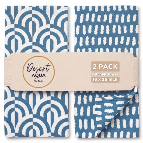 Kitchen Towels, Dish Towels for Kitchen, 2 Pc Kitchen Towel Set | Microfiber Waffle Towels, 16 x 26 inches, with Hanging Loops, Reusable Tea Towels, Cute Kitchen Towels - 2 Pack - color: Blue Geometric