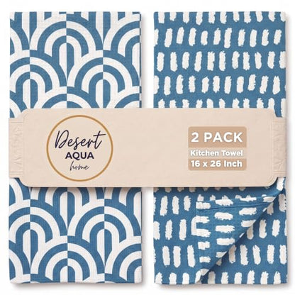 Kitchen Towels, Dish Towels for Kitchen, 2 Pc Kitchen Towel Set | Microfiber Waffle Towels, 16 x 26 inches, with Hanging Loops, Reusable Tea Towels, Cute Kitchen Towels - 2 Pack - color: Blue Geometric