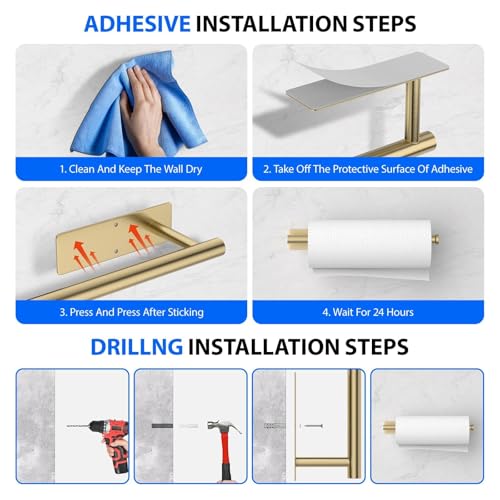 Paper Towel Holder Under Cabinet, Self-Adhesive,No Drilling, Stainless Steel, Wall-Mounted for Kitchen and Bathroom, Easy Install, Durable, Space-Saving, Ideal for Home, RV (Gold, 1 Pack) - color: Gold