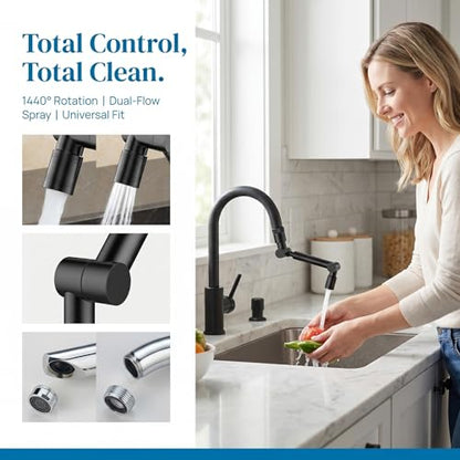 1440° Rotating Faucet Extender with 5cm Telescopic Arm Dual Mode Splash-Proof Kitchen Sink Sprayer Universal Fit Water Saving Aerator Adapter Chrome Finish for Bathroom Washing - color: Black
