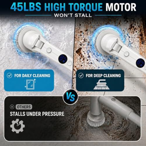 Electric Spin Scrubber, High Torque Deep Cleaning Scrubber, Cordless Cleaning Brush with Adjustable Handle & 7 Replaceable Heads, Heavy-Duty Bathroom Scrubber for Bathroom Cleaning (White)