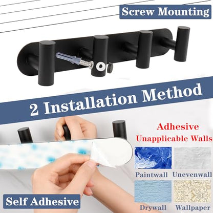 Wall Mounted Coat Hook Rack with 6 Heavy Duty Stainless Steel Hooks for Hanging Clothes, Jackets, Towels - Matte Black - color: Matte Black, size: 6 Hook