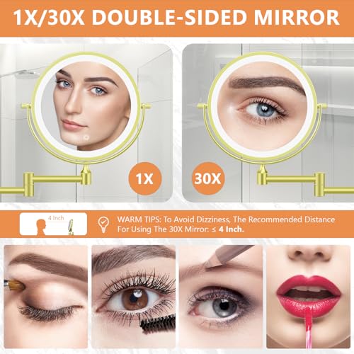 Auxmir 1X/30X Wall Mounted Makeup Mirror, 8" Rechargeable Magnifying Mirror | double-sided button, 3200mAh, 3 dimmable colors, 360° rotation, extended arm, 30X magnification, bathroom, gold - color: 8'' 30x-gold