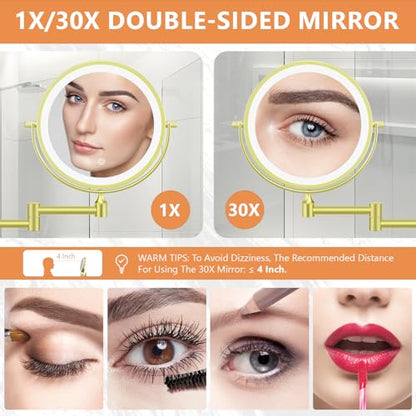 Auxmir 1X/30X Wall Mounted Makeup Mirror, 8" Rechargeable Magnifying Mirror | double-sided button, 3200mAh, 3 dimmable colors, 360° rotation, extended arm, 30X magnification, bathroom, gold - color: 8'' 30x-gold