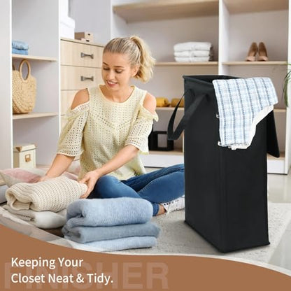 GOMAJI Slim Laundry Basket with Lid and Handles, Foldable Laundry Basket for Clothes, Clothes Hamper Easy to Carry, Dirty Hampers for Bedroom, Bathroom, Dorm, College, 12.7 Gallons(48L) - color: BLACK