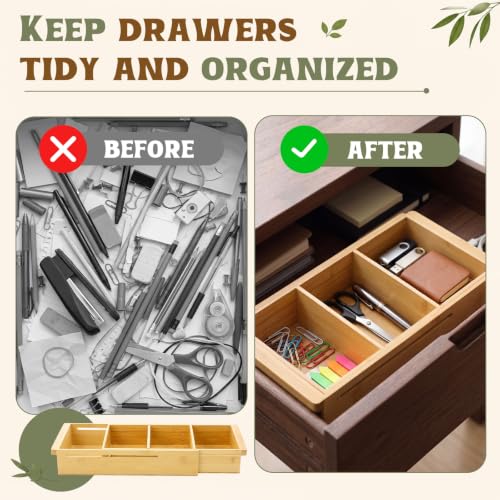 Yookeer 2 Pcs Expandable Drawer Organizer Adjustable Hanging Deep Drawer 11.4'' to 18.1'' Bamboo Wood Dividers Storage Tray for Desk Kitchen Bedroom Bathroom Office Supplies