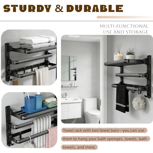 Towel Rack Wall for Bathroom Lavatory Hotel, 24 Inch Foldable Towel Shelf with 2 Towel Holder Bar and 7 Hooks, Black Matte Towel Storage Organizer Mounted, Drill-in or Adhesive Installation