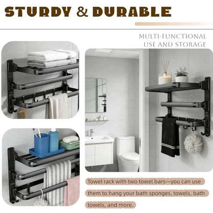Towel Rack Wall for Bathroom Lavatory Hotel, 24 Inch Foldable Towel Shelf with 2 Towel Holder Bar and 7 Hooks, Black Matte Towel Storage Organizer Mounted, Drill-in or Adhesive Installation