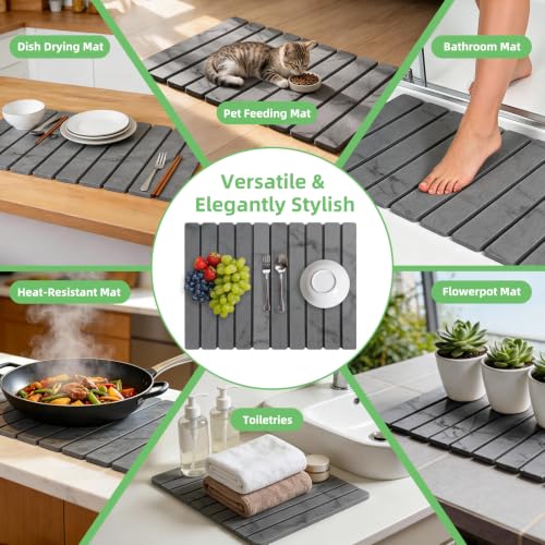 Large Stone Dish Drying Mat for Kitchen Counter, 24"×16" Foldable Quick Drying Mat, Absorbent Diatomaceous Earth Drying Mat for Bottles Cups Dishes, Match Any Countertop (Dark Gray Marble, 24" x 16") - color: Dark Gray Marble