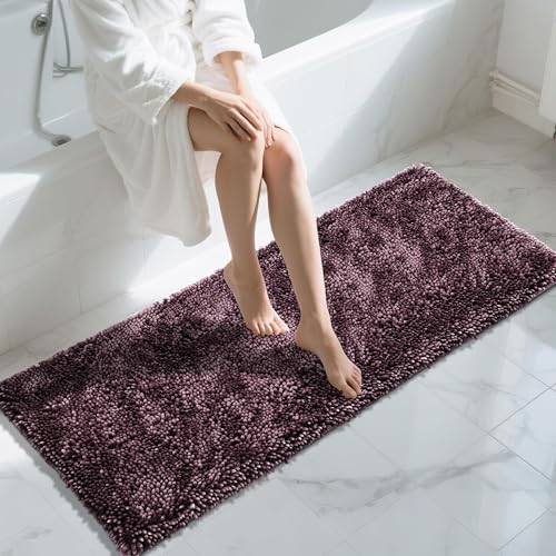 Yimobra Long Bathroom Rugs Runner 60x24 Inch, Extra Thick Soft Absorbent Chenille Bath Mat, Non Slip Machine Washable, Quick Dry Bath Rugs for Bathroom Floor, Tub and Shower, Purple Grey - color: Purple Grey, size: 60" X 24"